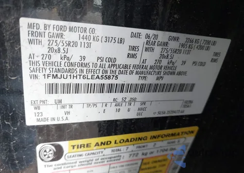 2020 Ford Expedition Xlt z USA, uszkodzony, nr VIN 1FMJU1HT6LEA55875